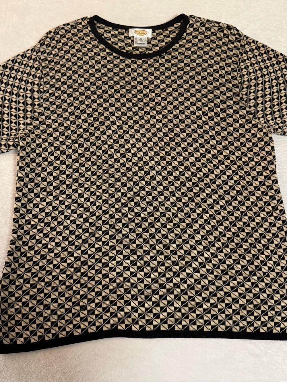 Talbots Silk Blend Black & Cream Geometric Short-Sleeve Knit Tee